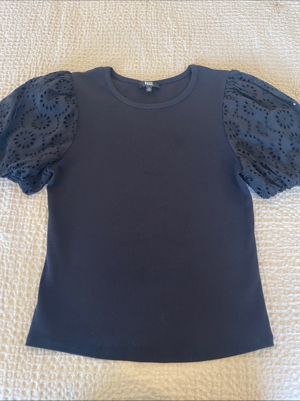 Paige Marina Black Scoop Neck Tee with Eyelet Puff Short Sleeves LIKE NEW Sz M